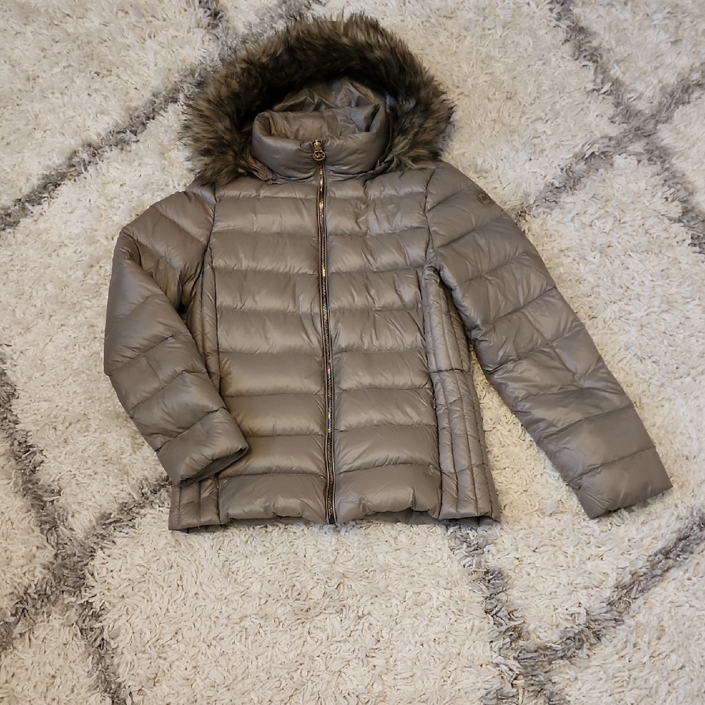 Michael Kors Taupe Puffer Jacket with Faux Fur Hood